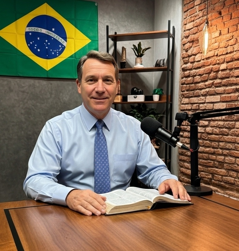 Portrait of a friendly, trustworthy pastor in his late 40s, smiling gently.